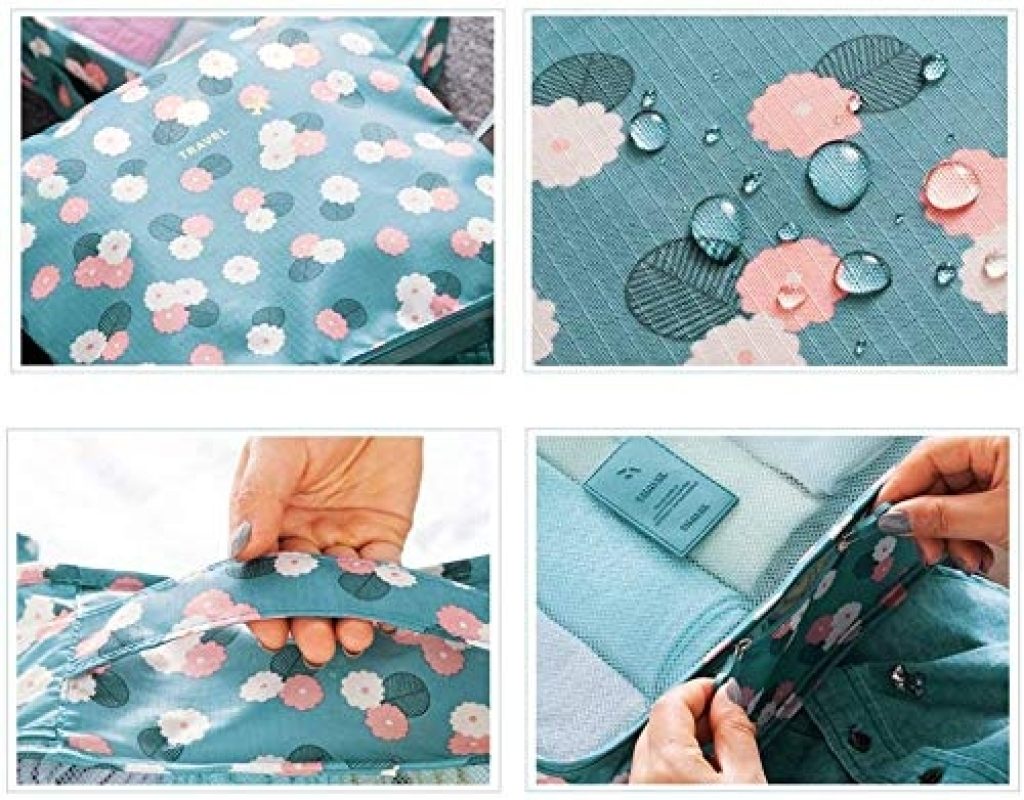 Floral-patterned product with water droplets and hands interacting with it