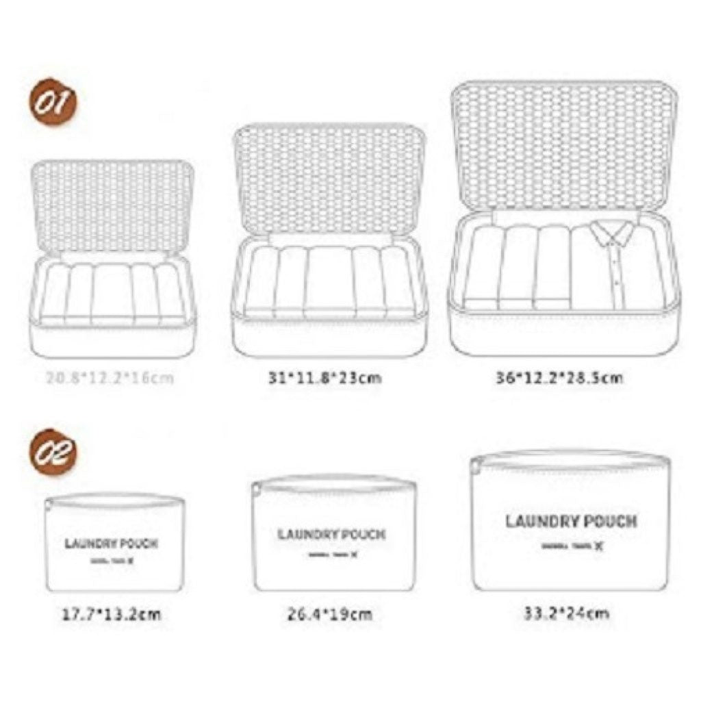 Illustrations of various sizes of laundry pouches with dimensions listed below each.